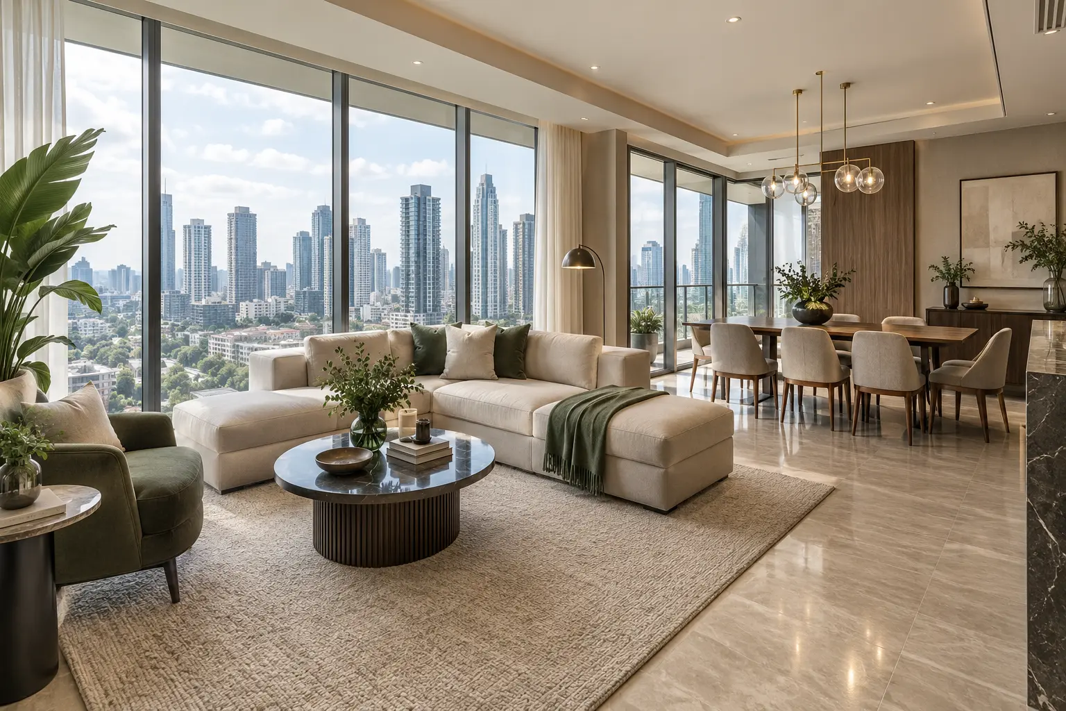 High-floor condominium living area with city view